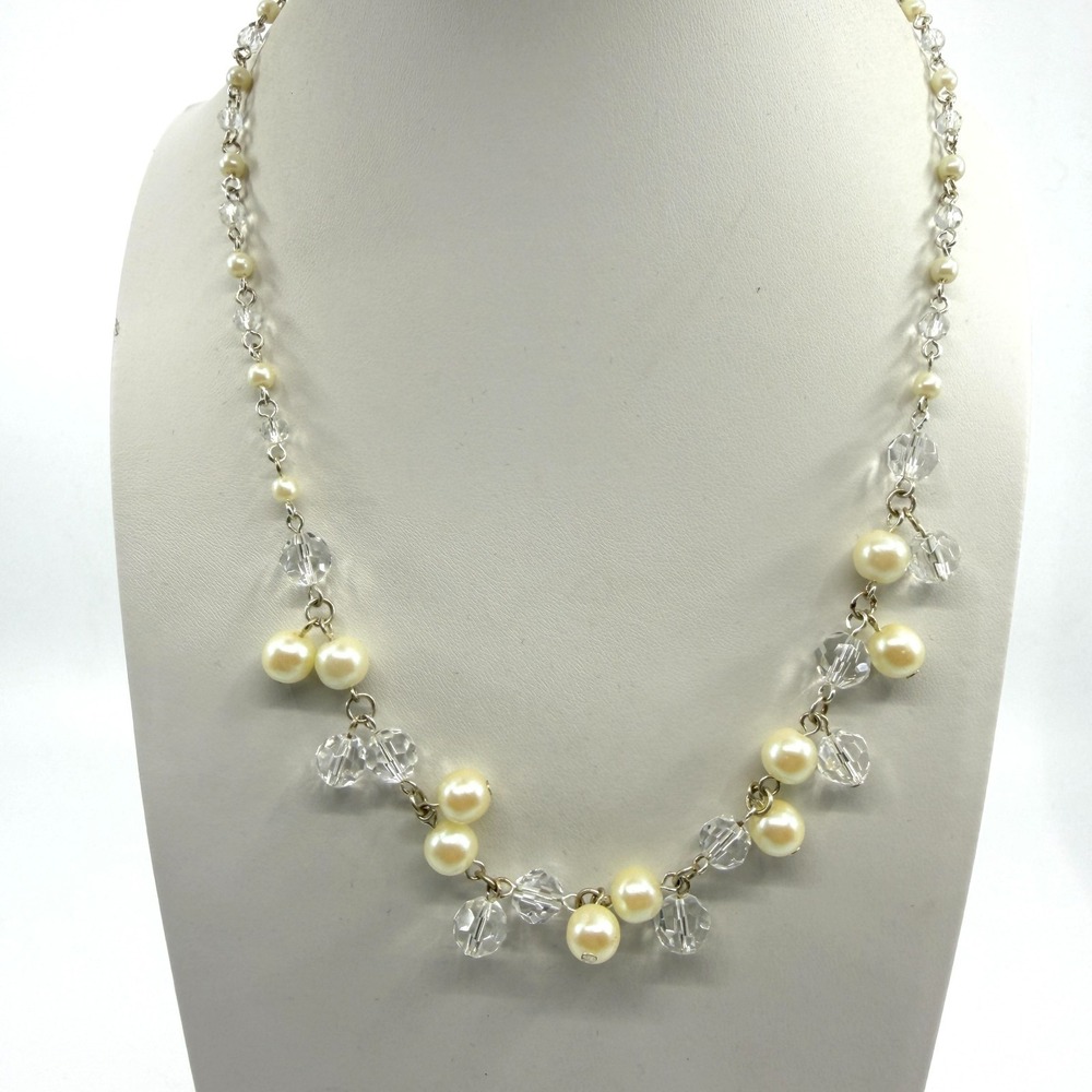 Elegant Faux Pearl & Clear Crystal Bead Statement Necklace Cottagecore Romantic